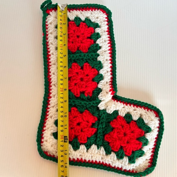 Vintage Crochet Granny Square Christmas Holiday Stocking White Red Green - Picture 5 of 6